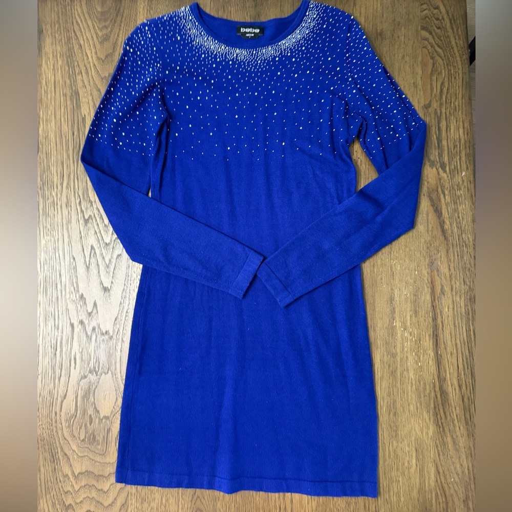 Bebe Blue Long Sleeve Dress with Rhinestone Detail
